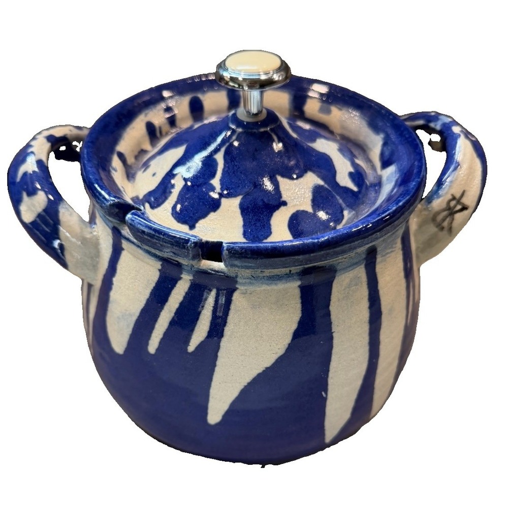 Gorky Gonzalez  Mexican Folk Art Pottery Blue Pot Lid Majolica Terracotta Unused